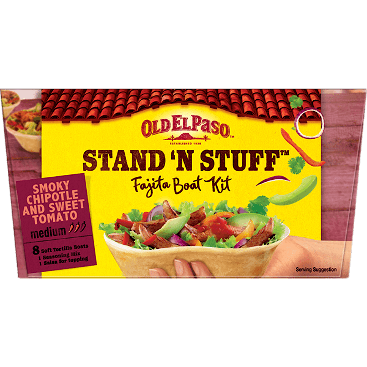 pack of Old El Paso's smoky chipotle & sweet tomato Stand N Stuff fajita boat kit (313g)